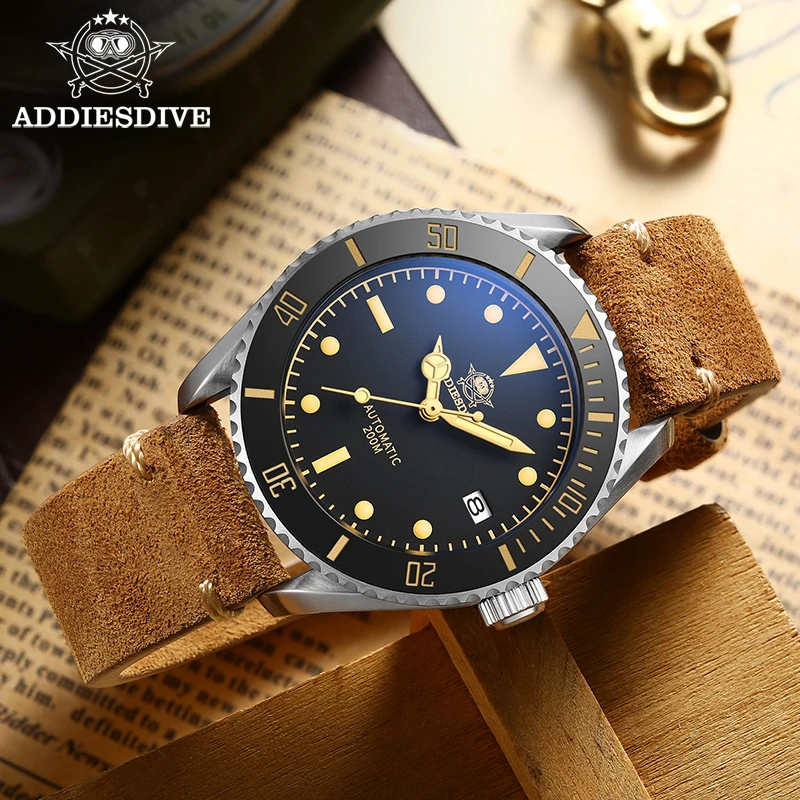 

Addies Dive Men's New Automatic Watch Retro Brown Strap Swiss C3 Super Luminous Watch Sapphire Crystal 20Bar Diving Watches