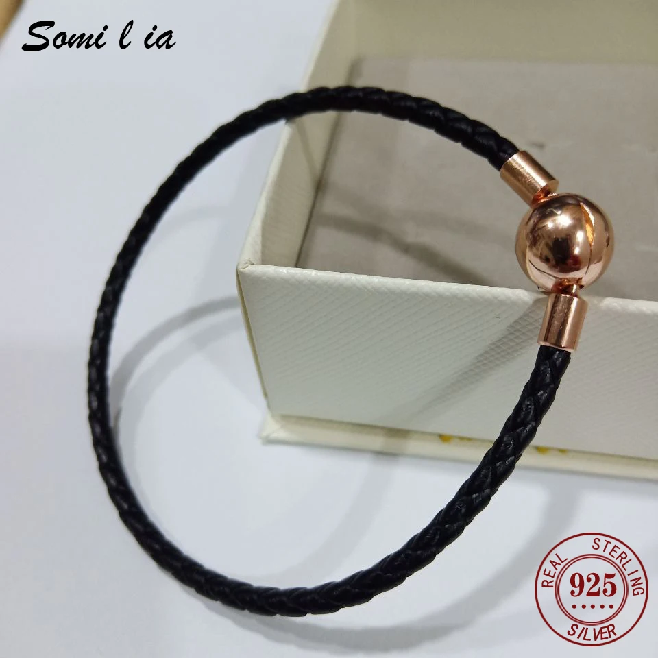 

Somilia-100% 18K Genuine Ladies Classic Black Leather Bracelet, 3MM, Fit European Style Charm And Bead,Double Bundle