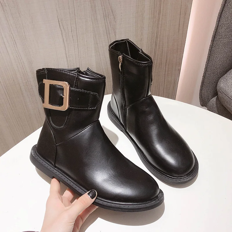 

Flat Heel Boots Women New 2019 Lace Up Leather Women's Shoes Winter Footwear Round Toe Luxury Designer Booties Ladies Low Heels