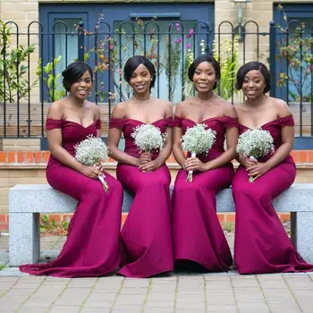 

African Style Fuchsia Mermaid Bridesmaid Dresses for Black Girl Long Off the Shoulder Wedding Guest Dress Cheap Party Gowns