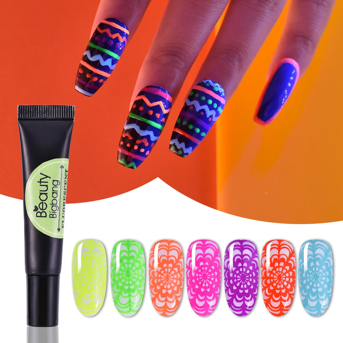 Beautybigbang 8ml Neon Stamping Gel Fluorescent Soak Off Colorful Varnish Glow In The Dark UV Light Nail Art Poly Gel for Plates