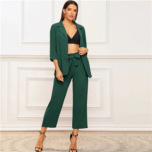 Sheinside, элегантный зеленый Блейзер с рукавом 3/4 и поясная сумка, женские брюки с поясом,, Осенний Блейзер, комплект из 2 предметов, Женская рабочая одежда - Цвет: Зеленый
