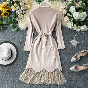 

Autumn Womens Long Sleeve Bandage Slim Dress+lace Lotus Edge Skirt Suit 2019 New Fashion Female Elegant Two-piece Suits