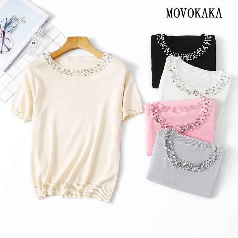 

New Spring Summer Sweater T Shirt Women Short Sleeve Knit T Shirt Pullover O-Neck Tshirt Loose Tee Shirt Beading Sweater TShirts