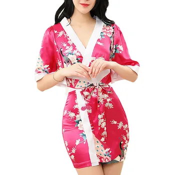 

Women's Front Wrap Bodycon Short Kimono Style Peacock Print Half Sleeve Mini Dress Bathrobe with Obi Belt Pajamas Club Wear