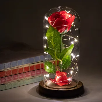 

New Year Decoration Valentines Day Gift Rose in a Flask Beauty And Beast Rose Artificial Flowers In Led Light Glass Dome