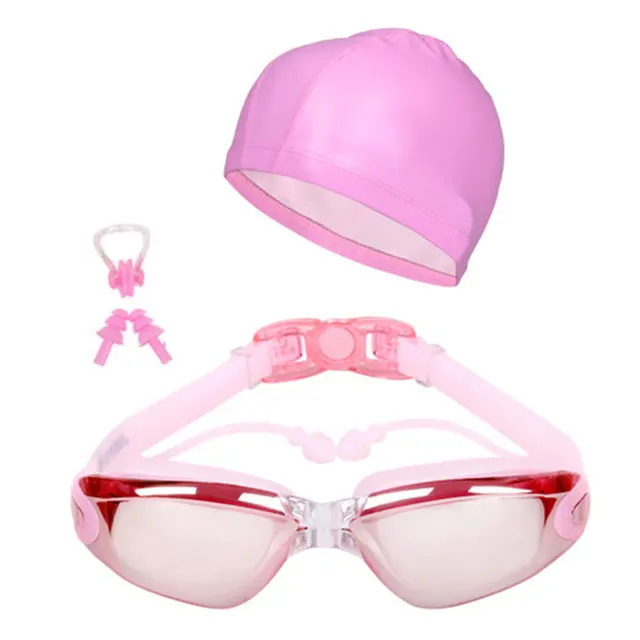 Professional Swimming Goggles One-Piece Earplugs Swimming Cap HD Waterproof Glasses Earplugs Swimming Accessories Adult&Children Pink