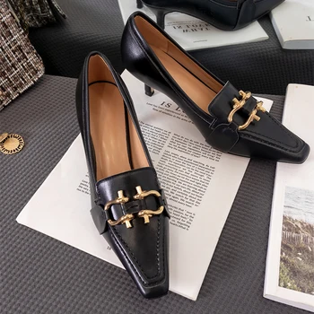 

Pointed Toe Shoes Woman Thin High Heels Metallic Buckle Zapatos De Mujer Slip On Single Shoes Retro Ladies Pumps News Loafers