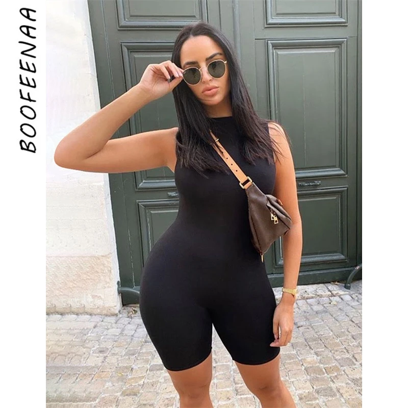 BOOFEENAA-mono Sexy de motorista sin mangas para mujer, traje de una pieza, chándal Bodycon C87-BZ16, color negro, verano 2020