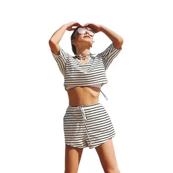 

MISSKY Summer 2pcs/set Lady Women Suits Crossover Strap Stripes Midriff-baring V-neck Top Straight Pants Female Sets