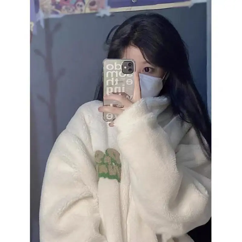 Lamb wool coat women's fashion ins2021 autumn and winter forest loose cotton clothes with plush thickened stand collar sweater