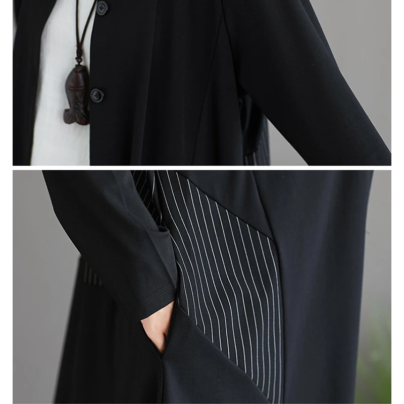 DIMANAF Плюс Размер Женская куртка пальто осеннее винтажное черное Полосатое Женское пальто свободного кроя с длинными рукавами и пуговицами