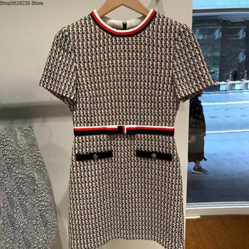 

Law Single 20020 Summer Temperament Short Sleeve Small Fragrant Wind Tweed Waist Women's Wear Dress 20017