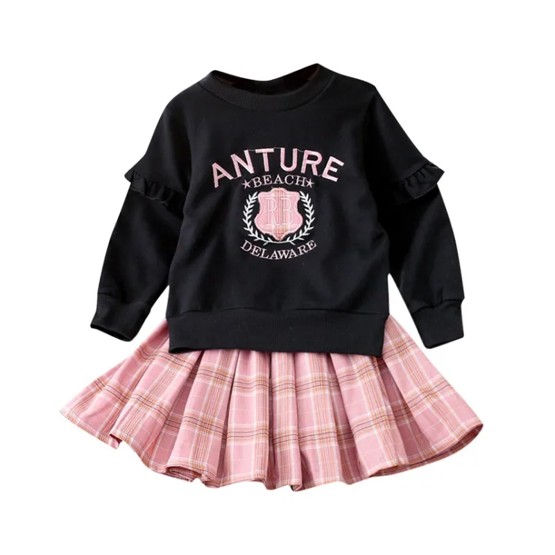 

Spring Autumn Toddler Girl Clothes Long Sleeve Letter Print Cotton Blouse Tops Plaid Short Skirts Casual Outfits Two-piece Set
