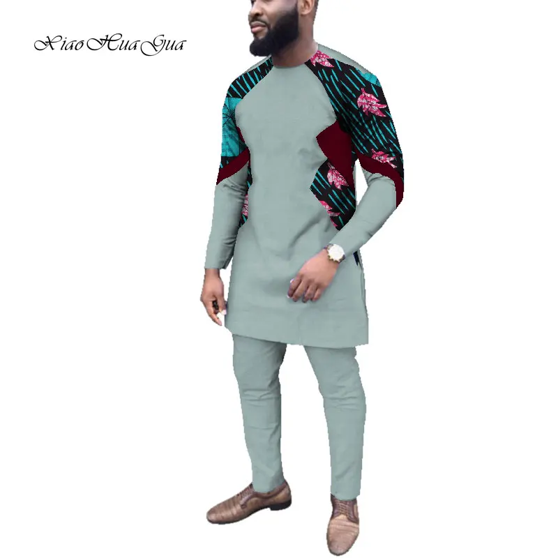 Дашики Базен Повседневные Вечерние мужские африканская одежда Дашики рубашка с длинными рукавами и брюки комплект с принтом брюки пэчворк хлопок WYN709