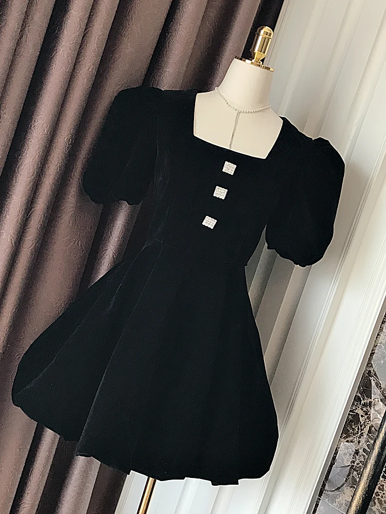 Winter Velvet Puff Sleeve Waist Slim-fit A-lined Diamond Dress