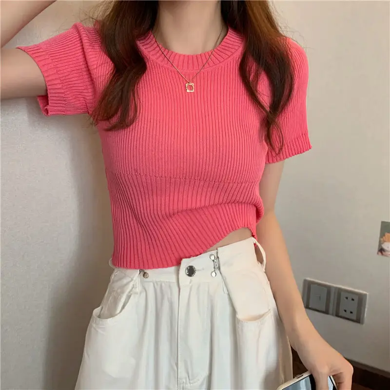 Summer Slim Thin Round Neck Solid Color Knitted Short-sleeved Pullover T-shirt Spring And Autumn New Fashion Bottoming Top
