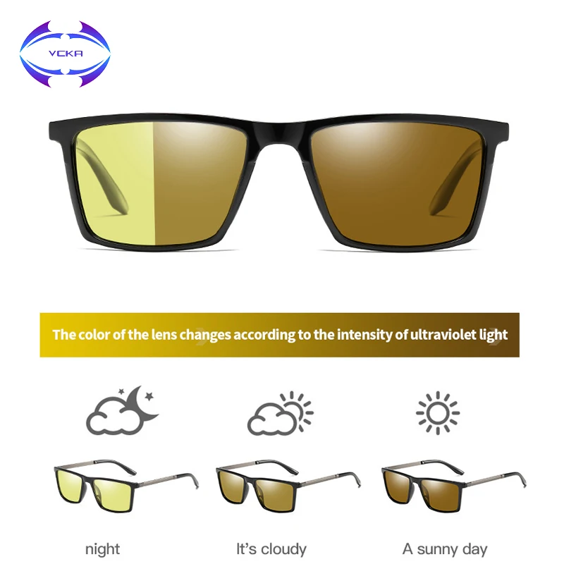 VCKA брендовые обесцвечивающиеся поляризованные линзы солнцезащитные очки мужские винтажные Квадратные Солнцезащитные очки ночного видения мужские защитные очки для вождения