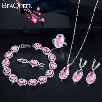

BeaQueen Stylish Pink Oval CZ Crystal Paved Cubic Zirconia Stone 4pcs Earring Necklace Bracelet and Ring Sets Jewelry Gift JS245