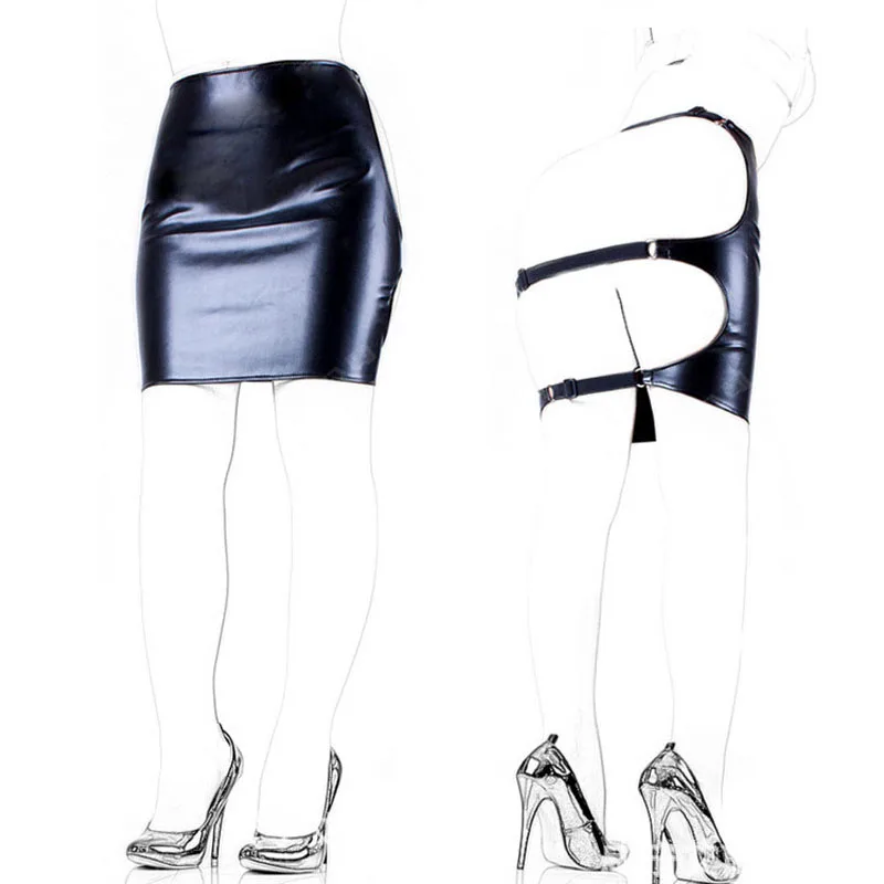 Female Sexy Wetlook Faux Leather Backless Mini Skirt Tight Fit 3 Buckles Fasten Erotic Lingerie Flirty Costume