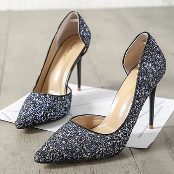 

2019 New Style Sexy Women's Shoes Stiletto High-heeled Shallow Mouth Pointed Side Hollow Sequined Single Shoes Wedding Shoes