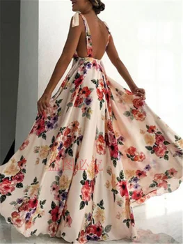 

Womens Boho Dress Sleeveless Floral Tied Shoulder Backless Party Long Maxi Deep V-neck Backless Dress