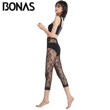 

BONAS Summer Footless Tights Sexy Fishnet Tights Women Black High Elasticity Lady Nylon Stripe Lace Fishnet Footless Tights