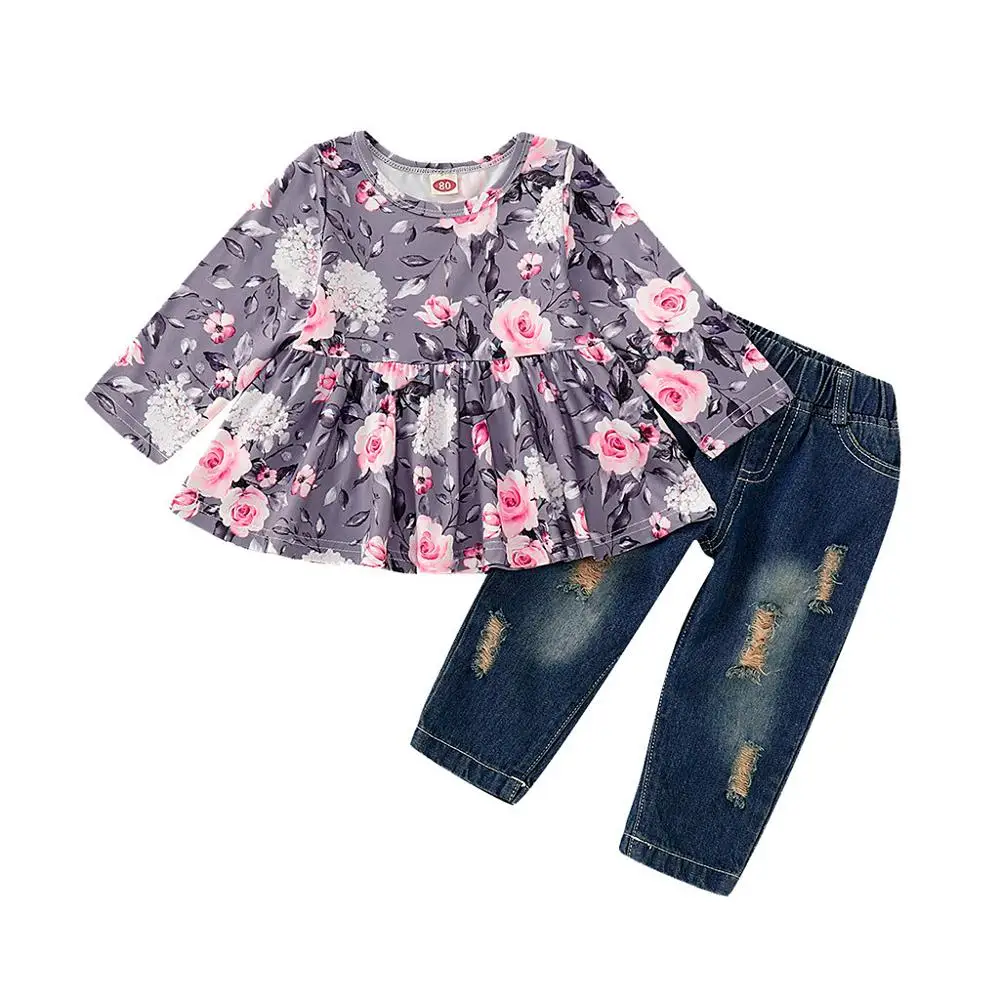 Purple clothes Одежда для девочек топы с длинными расклешенными рукавами и цветочным принтом+ джинсовые штаны с дырками одежда для малышей Roupa Infantil Menina - Цвет: Purple clothes