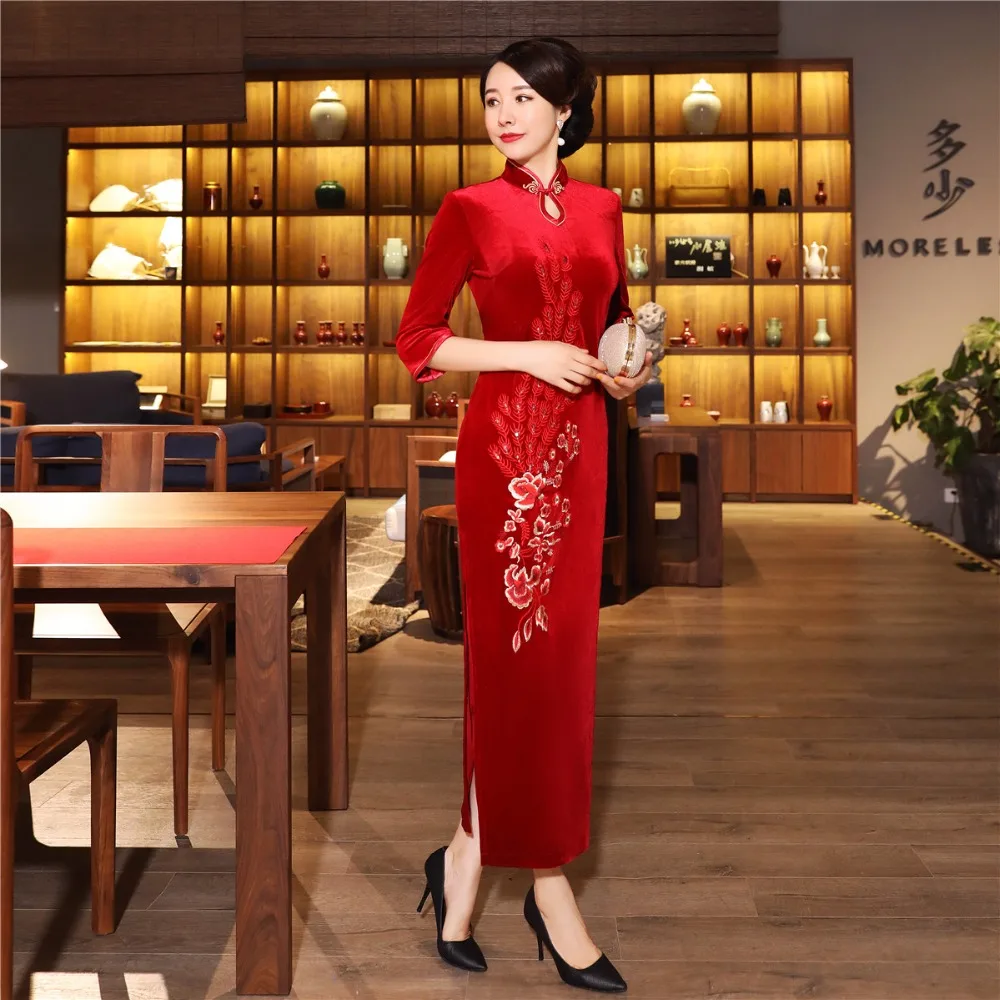 Шанхай история бархат Cheongsam китайское платье вышивка Qipao длинное