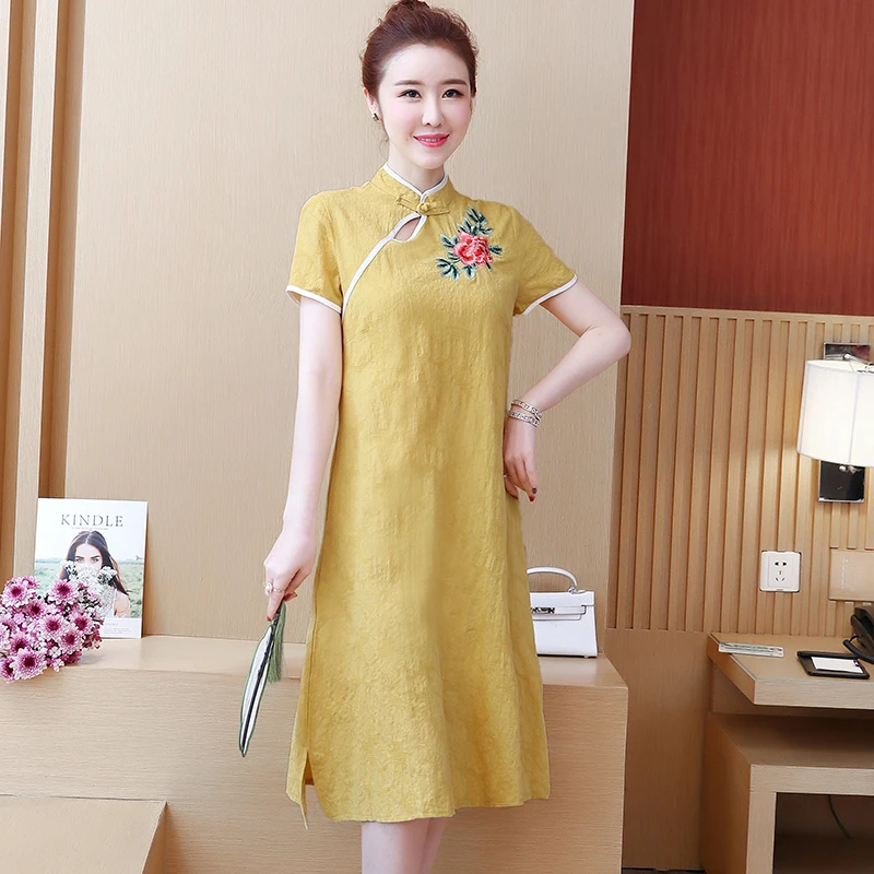 Китайское платье cheongsam qipao vestidos mujer женское хлопковое и льняное платье cheongsam qipao с цветочным принтом китайское традиционное платье - Цвет: color1