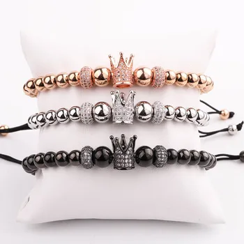 Jaravvi Micro CZ Pave Crown Charm Handmade Stainless Steel Braided Macrame Friendship Bracelet Men Women Jewelry Gift