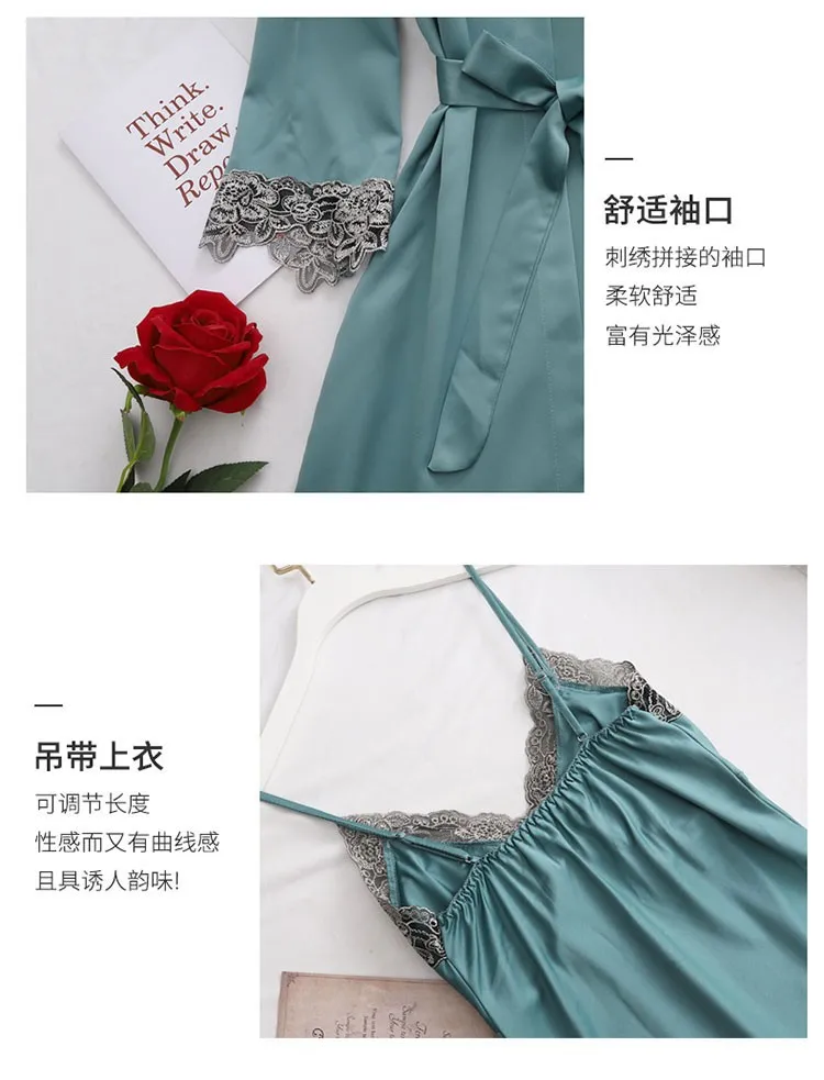Four seasons new five-piece set with chest pad imitation silk feminine night gown, bathrobe, home service, long-sleeved pajamas