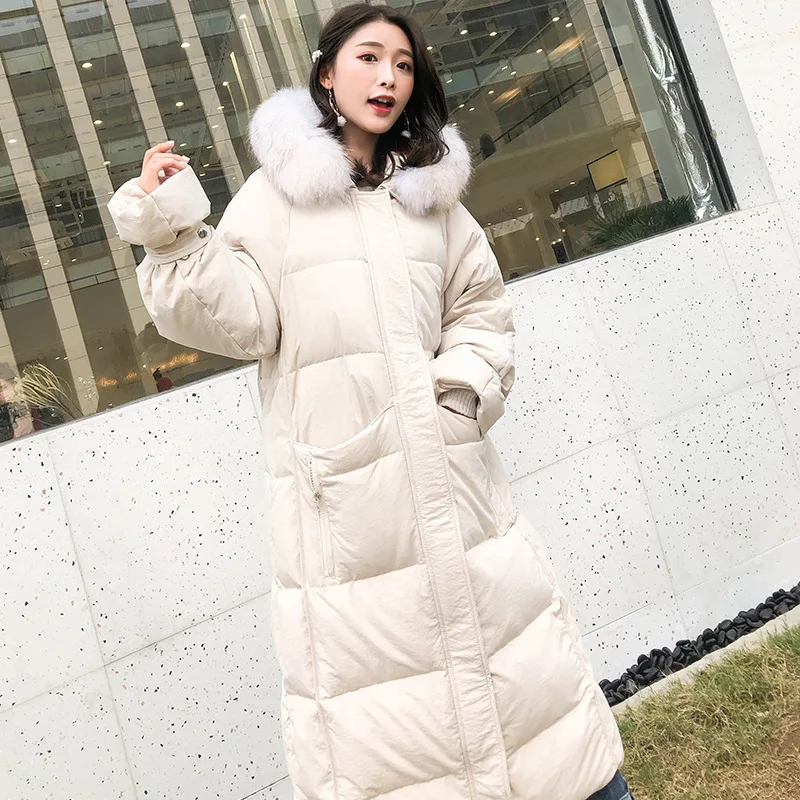 Корейские женские длинные куртки-пуховики с утиным пухом, зимняя парка с капюшоном и натуральным мехом, плотная Свободная верхняя одежда, пальто, одежда