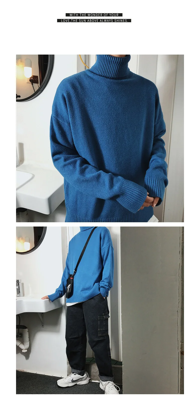 Корейская длинная трикотажная водолазка, Мужская свободная водолазка, мужской свитер, красная/Синяя водолазка, свитер для мужчин, зима