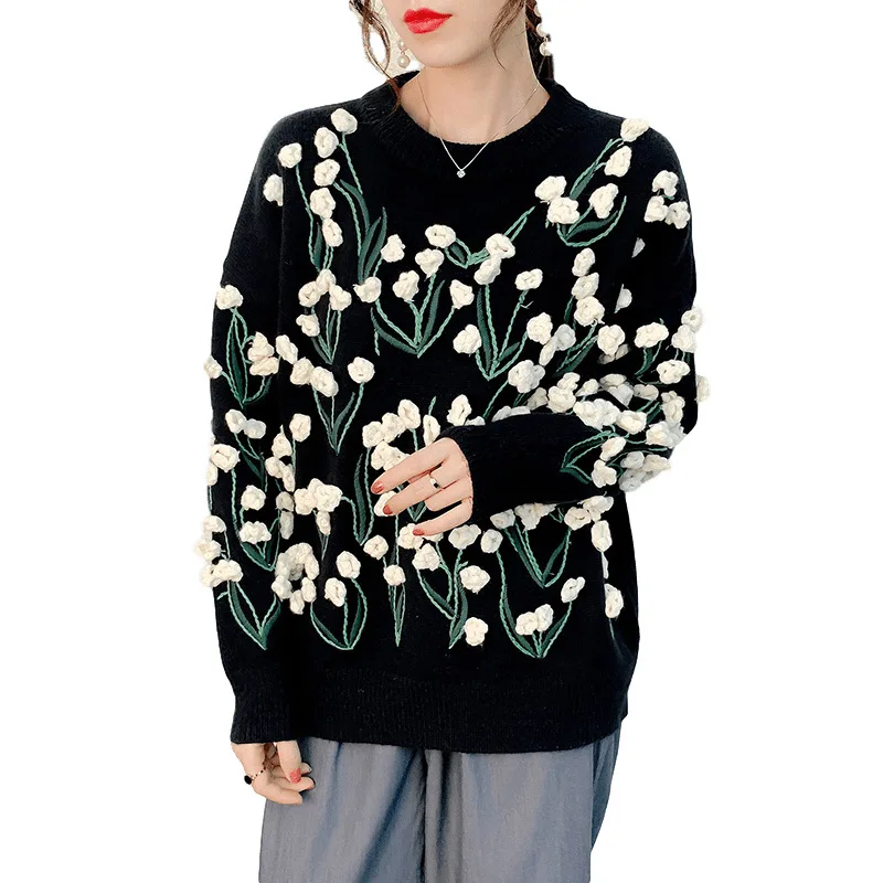 

Luxury Floral Embroidered Pullover Winter Sweater2020 High Quality Ladies Jumper Round Neck Loose Warm Black Knit Sweaters