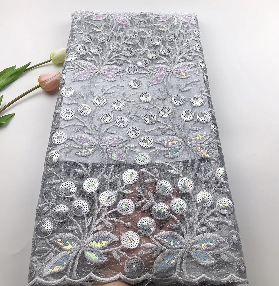 

Newest African lace fabric high quality Grey French Tulle Lace Fabric With Sequins Guipure Fabric nigerian lace fabrics