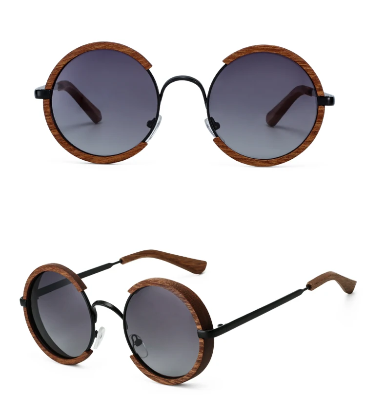 Новая мода ручной работы деревянные поляризованных солнцезащитных очков Для мужчин градиентные линзы серого цвета UV400 с круглым носком в ретро стиле Для женщин солнцезащитные очки с Чехол