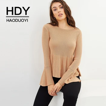 

HDY Haoduoyi 2019 Euro-American style simple pure-color bell sleeve bottom early autumn round collar Pullover knitted shirt