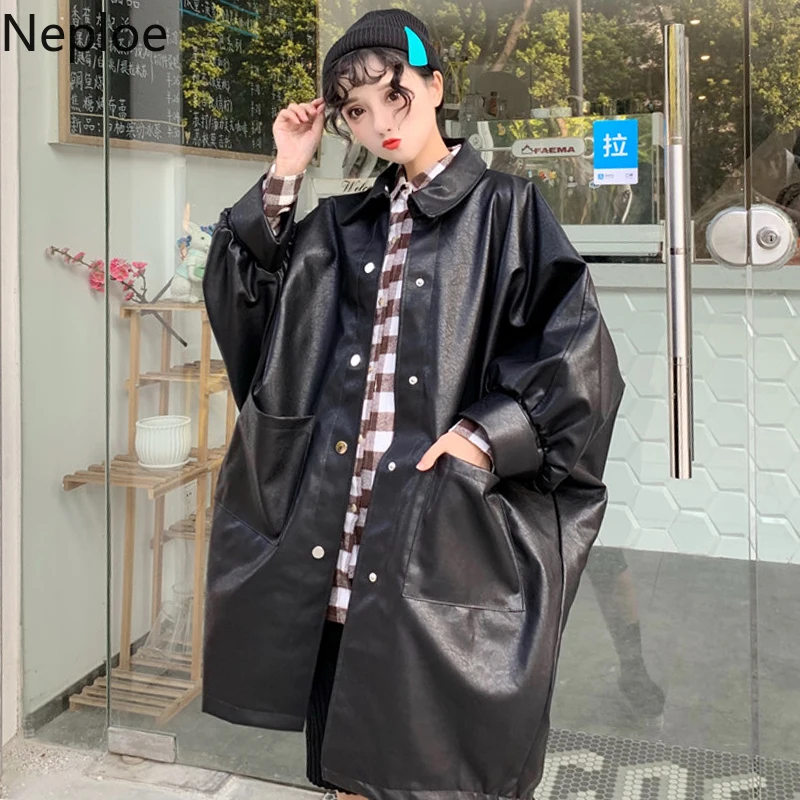 Neploe Harajuku BF стиль PU куртка Летучая мышь с длинным рукавом средней длины кожаное