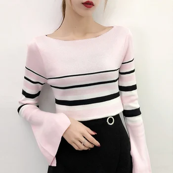 

New Fashion Flare Long Sleeve O-Neck Sweater Women Autumn Casual Sweaters Women 2019 Korean Striped Knitted Pullovers Tops Femme