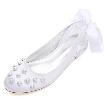 

Comfort Flat Satin Pearls Women Wedding Flats Round Toe Ribbon Tie Formal Evening Party Bridal Dress Flat Shoes Women