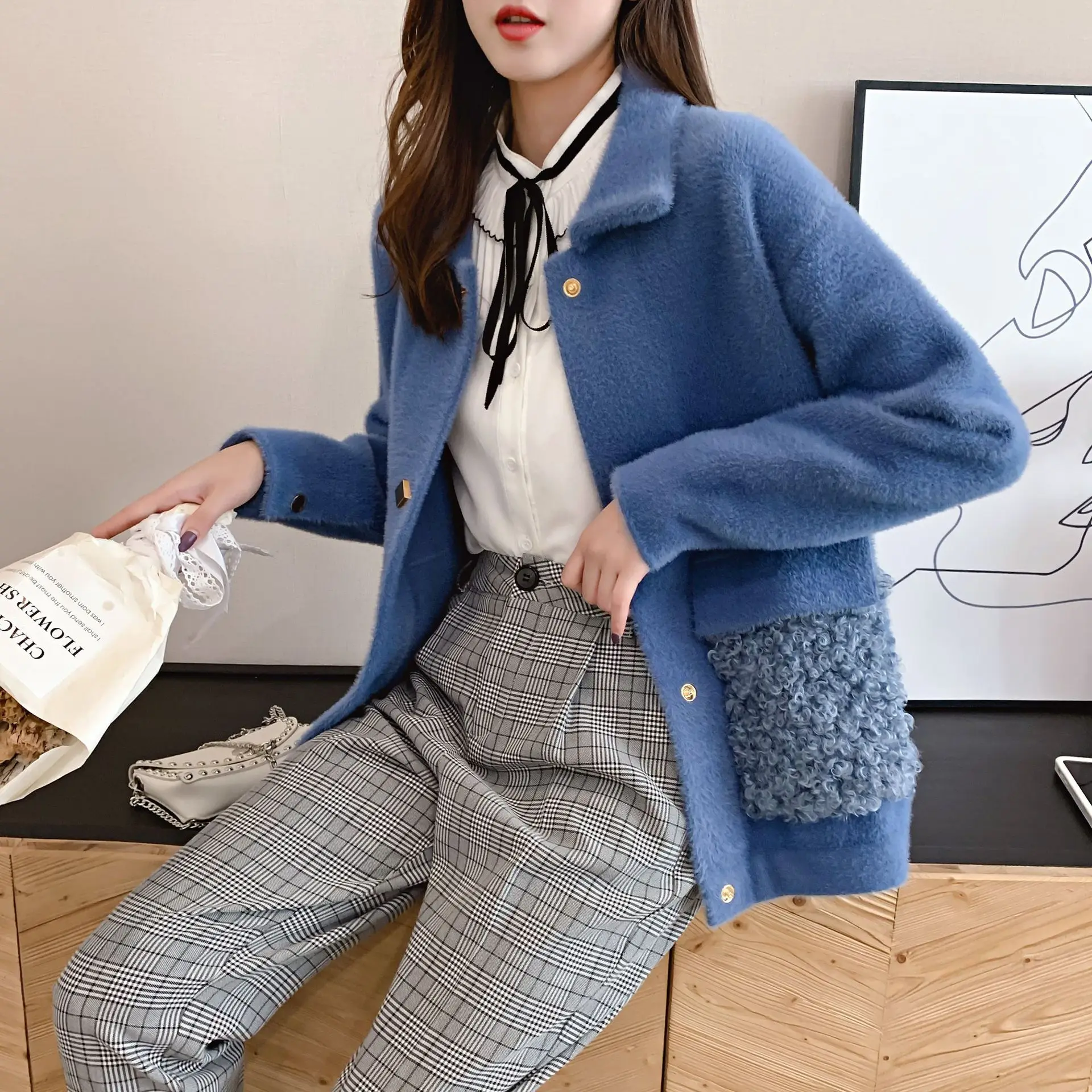 women coat imitation mink cardigan velvet Jacket Women's Winter New thick short plush Coat Autumn Outerwear T579