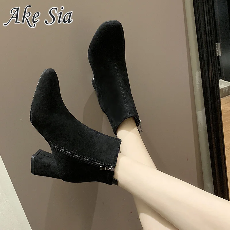 

2019 winter new boots thick with short boots women wild round head high-heeled shoes zipper short fashion boots mujer