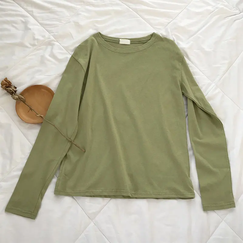 Pea green 22 Однотонная футболка с длинным рукавом Женская Kpop шикарная свободная хлопковая Футболка с круглым вырезом черная Harajuku Kawaii простая Базовая футболка Femme - Цвет: Pea green