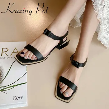 

Krazing pot fashion full grain leather peep square toe med heels buckle strap European design cozy breathable summer sandals L11