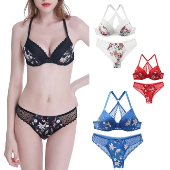 

French Style Women Lace Bra Sets Seamless Underwear Set Backless Sexy Panties Lingerie Bralette Flower Print Briefs Push Up Bras