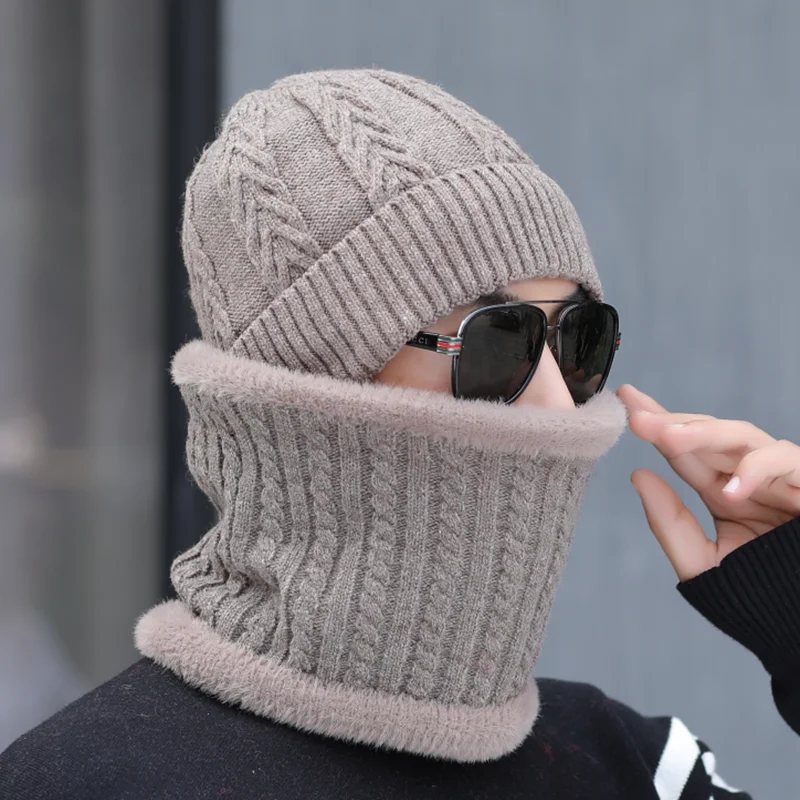 Высококачественная Зимняя вязанная мужская шапка Skullies, модная вязанная шапка из шерсти, шапка для мужчин, бархатная шапка, теплый мужской шарф, шапка