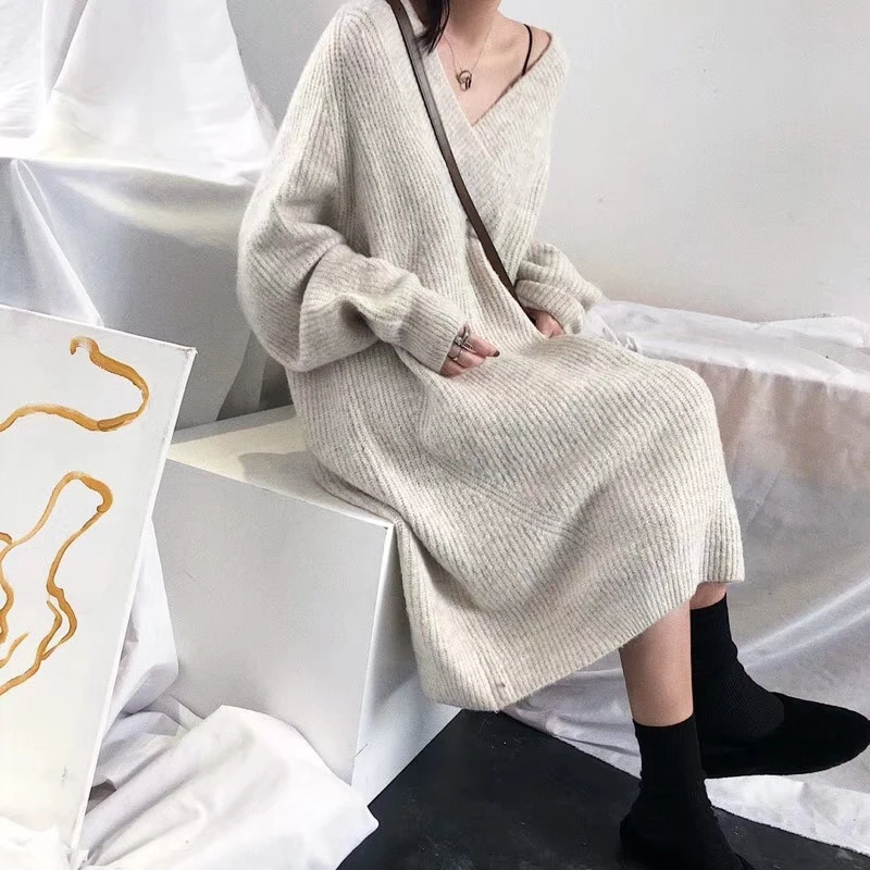 

FMFSSOM Autumn Winter Woolen Knitted Loose Warm Outerwear Lazy Soft Long Casual V-neck Female Women Pullovers Sweater