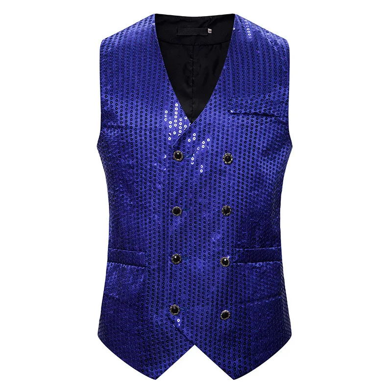 royal blue Mens Shiny Glitter Vest Double-breasted Sequin Men Vest Casual Wedding Nightclub Dance Men Gilet Party Mens Dress Vests Hombre - Цвет: royal blue