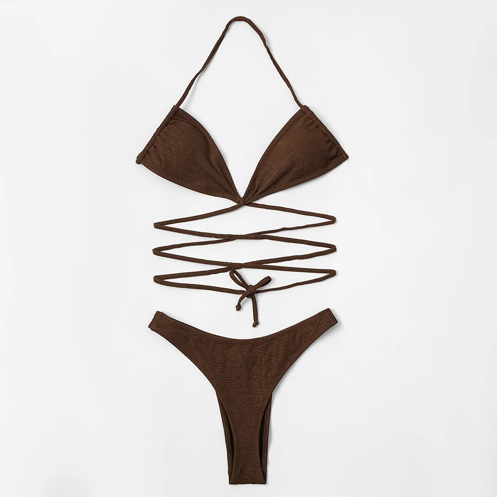 

ZTVitality Solid Ribbed Bandage Wrap Around Bikini 2022 New Halter Padded Bra High Leg Sexy Swimsuit Beach Wear Swimwear Women